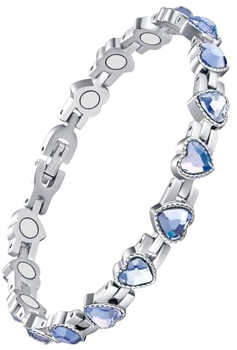 Jecanori Magnetic Bracelet for Women - Titanium Steel Brazaletes with 15 Powerful Magnets (each 3500 Gauss) included Removal Tool in a Gift Box, Blue Love Heart