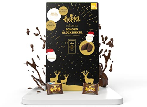 Happy Adventskalender Schokolade 2025 | 24 vegane Glückskekse mit Sprüchen, 25. Türchen mit Jahresbotschaft & Überraschung | Adventskalender für Familie & Freunde