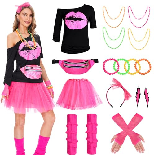 Herefun Kit Déguisement Années 80, Déguisement Accessoire Femme, T-shirt à Imprimé Lèvres Neon Jupe Filet Sac Colliers Bracelets Gants pour Femme Années 80s Disco Fête Vetement