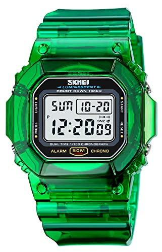 Outdoor Sports Unisex Watches Back Light Digital Watches Transparent Multifunctional Wristwatch Casual Style Stopwatch Date 5Bar Waterproof (Green)