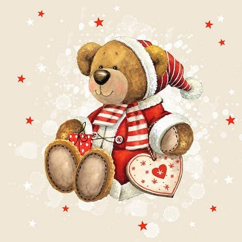 20 Servietten Weihnachten Weihnachtlicher Teddybär mit Herz als Tischdeko. Papierservietten mit Motiv. Auch für Decoupage und Serviettentechnik 33x33cm