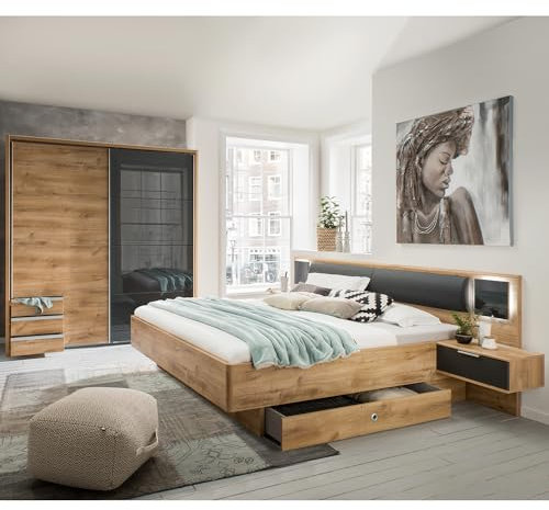 Lomadox Schlafzimmer Set 4-teilig mit Bett 180x200, LED-Beleuchtung, Schwebetürenschrank 228cm mit Passepartout, Bettschubkästen in Graphit mit Eiche Modern