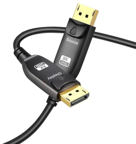 Angusplay DisplayPort till DisplayPort-kabel 1,4 15 m, Ultra HD 8K @ 60 Hz 4K @ 144 Hz optisk fiberkabel, High Speed 32,4 Gbit/s lång DP kabel 1,4 1,2 för HDCP 3D-spel och PC-skärm