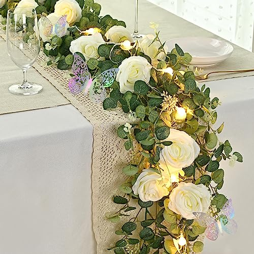 Yastouay 6.4 Ft Fuller White Flower Garland with Light and 3D Butterfly, Artificial Eucalyptus Garland with Fake Rose for Table Centerpiece Wedding Arch Baby Shower Party Room Backdrop Decor