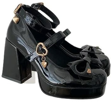 Cute Heart Buckle High Heels Pumps Women Black Chunky Platform Shoes Woman Bowtie Thick Heel Mary Jane Lolita Shoes