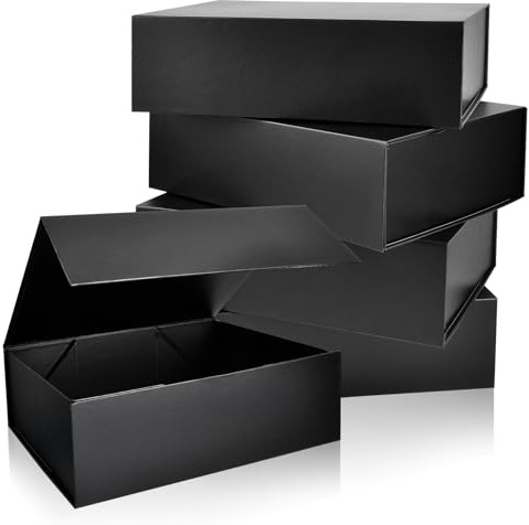 Black Magnetic Gift Box with Lids, 26x19x8cm Luxury Gift Boxes for Presents | 5 Pack Folded Cardboard Gift Boxes for Birthday, Wedding, Anniversary, Valentines, Christmas, Festivals - Easy Assem