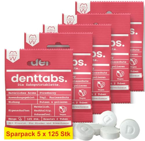 Denttabs tandborsttabletter jordgubbssmak 5 x 125 st. det fullvärdiga alternativet till tandkräm, med anpassat fluoridinnehåll för barn, VEGAN plastfri utan konserveringsmedel. kompostabil väska