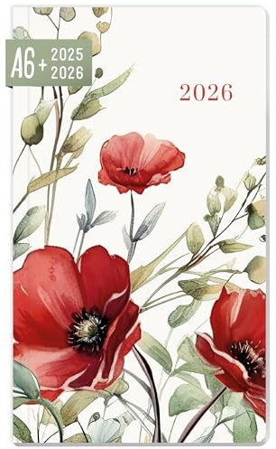 Häfft® Monatskalender 2025/2026 A6+ Slim Wild Poppy 1 Monat auf 2 Seiten, Taschenkalender für 17 Monate: Aug. 25 - Dez. 26, Monatsplaner klein - nachhaltig & klimafreundlich