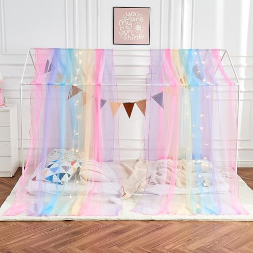 WANFASO Girls House Bed Canopy Rainbow Canopy Double Bed with Lights Princess Sheer Scarf