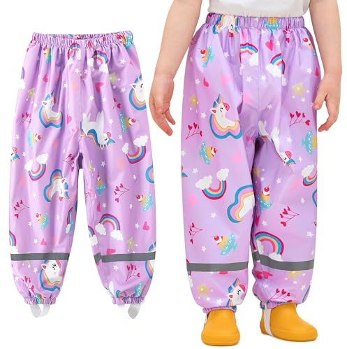 Baogaier Girls Waterproof Rain Trousers Kids Mud Dirty Proof Pants with Reflective Strip Purple Horse Print Outdoor Overtrousers Lightweight School Play Rainwear for 3-4 Years