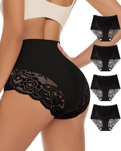 MIOTAN Damen Unterwäsche Spitze, Sexy Hohe Taille Nahtlos Unterhosen Frauen, Taillenslip, Women High Waist Panties Mehrpack Underwear, Schwarz, M