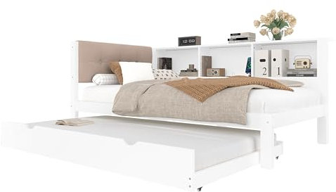 SogesPower Weißes Kiefernholz Daybed 90x200 cm mit Ausziehbett-Funktion dimmbarer LED-Beleuchtung USB-Ladestation, Orthopädisches Tagesbett mit 7-Zonen-Komfort