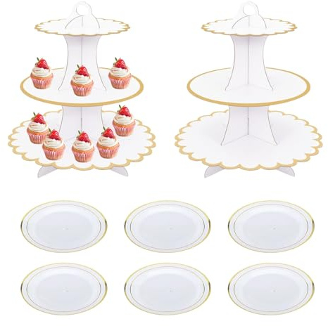 WEELOO Cake Stand 3-Tier, 2pcs Cupcake Dessert Rack Display Rack with Plates, Cardboard Circular Tower Cake Rack for Afternoon Tea, Birthdays, Mother'S Day, Parties