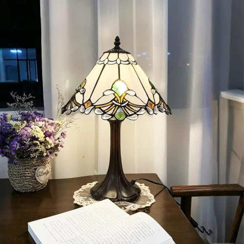 Fiunkes Verde rosso bianco macchiato vetro lampada da tavolo barocca, 12 pollici Mission stile accento lampada da comodino lettura luce finestra decorazione luce per il soggiorno,Bianca