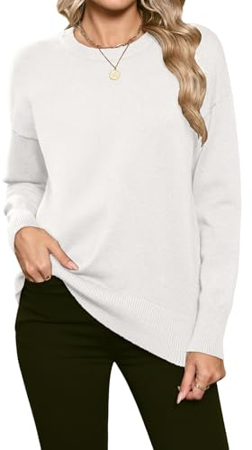 HOTOUCH Sweaters for Women UK Autumn Long Sleeve Jumpers Casual Loose Knitted Tops Winter Soft Ribbed Pullover White M