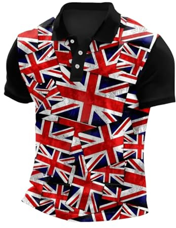 Camiseta de manga raglán con estampado de bandera británica para hombre, estilo informal, con botones y solapa, Negro , 3XL