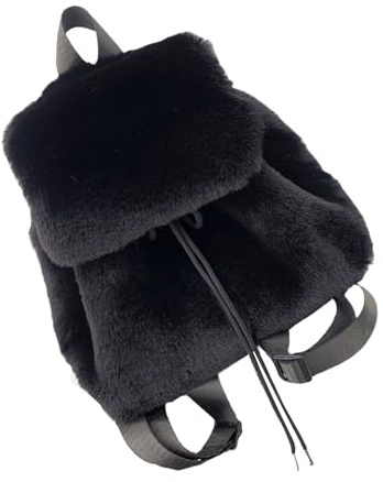 APLudoo Petit sac à dos élégant en fourrure douce avec cordon de serrage sécurisé et rabat, sac à bandoulière en peluche pelucheuse pour femmes et filles, Noir , 26 x 15 x 30 cm