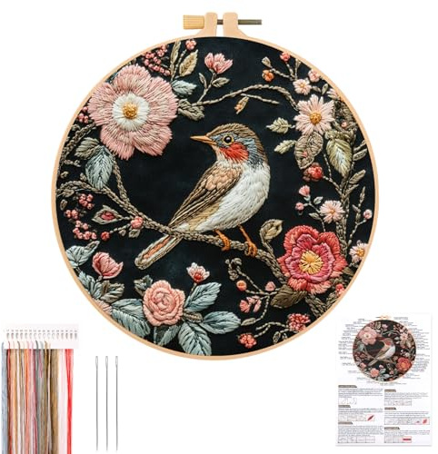 JSRQT Kreuzstich Kit Kolibri Sticken Stickerei Set Erwachsene Anfänger Blumenmuster Pflanzen Embroidery Stickset DIY Handgemachte Starter Tools Kunstprojekt Bastelset Farbfäden und Werkzeuge Handwerk