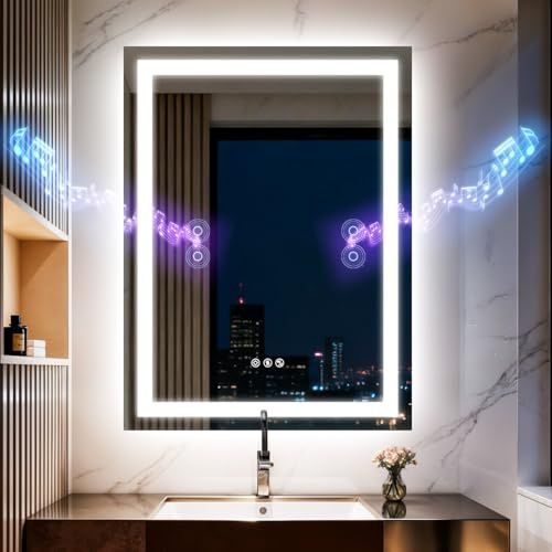 Espejo de baño LED con Luces, Altavoz Dual Bluetooth 50x70 cm, antivaho, 3 temperaturas de Color, Brillo Regulable, función de Memoria, Impermeable, diseño de Montaje en Pared, Vidrio Templado