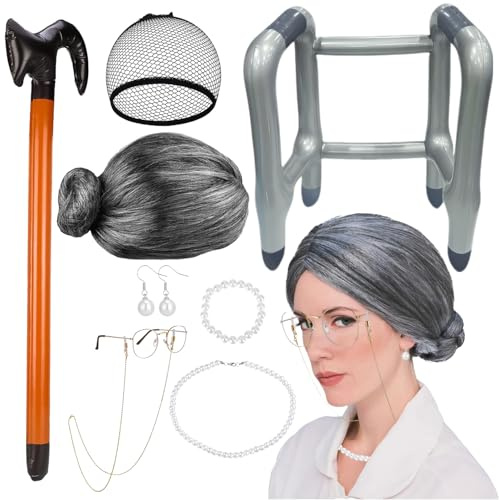 9 stycken mormor kostym pensionärskostym mormor peruk grå glasögonkedjor | Pärlörhängen armband halsband promenadkäppar hårnät uppblåsbar promenadhjälp för rollspel halloween karneval