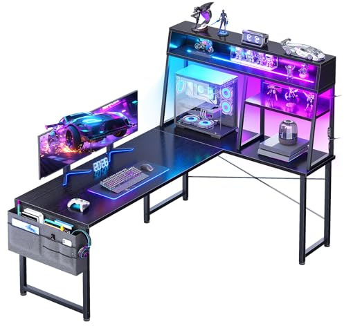 Coleshome L Shaped Gaming Desk with Led Lights, 130×100 cm Reversible Corner Computer Desk with Display Shelves, PC Gaming Table with Storage Bag Black