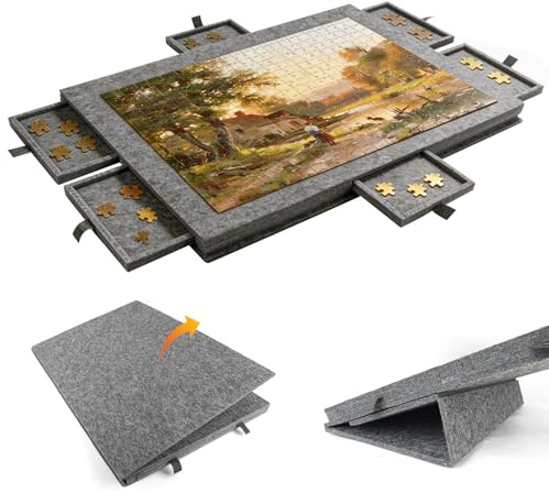 Tableau de Puzzle Inclinable, Plateau Puzzle pour 1000 Pièces avec Tiroirs | Tableaux de Puzzle et Tapis de Rangement avec 6 Tiroirs, Support/Housse Anti-Poussière 2 en 1, Surface en Feutre, Portable
