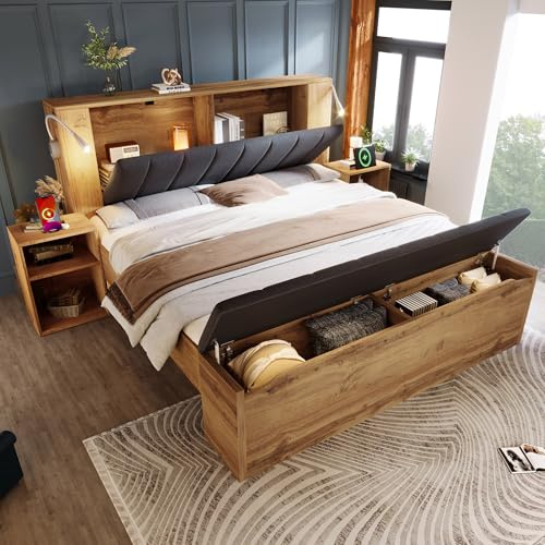 Ktipm Cama 160x200 cm Camas Matrimoniales con Lámpara de Lectura y USB, Cama Matrimonio con Almacenamiento Abatible y Mesita de Noche, Cama Doble con Banco Almacenaje, Sin colchón, Color Roble
