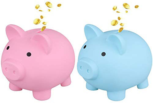 2Pcs Cute Piggy Bank Plastic Pig Money Bank Adults Piggy Bank Pig Money Box Coin Bank Plastic Saving Coin Box for Boys Girls Kids (Big) (Blue, Pink)