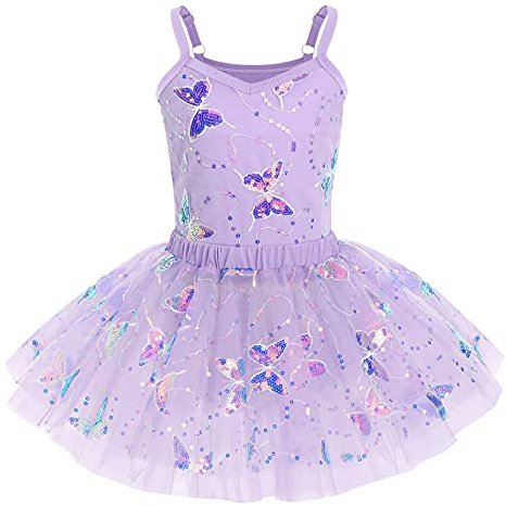 IWEMEK Mädchen Ballettkleid Ärmellos Pailletten Schmetterling Balletttrikot Ballettanzug Tanzkleid Tanzbody Top mit Tütü Rock Ballettrock 2tlg Kinder Ballettkleidung Gymnastik Violett 3-4 Years