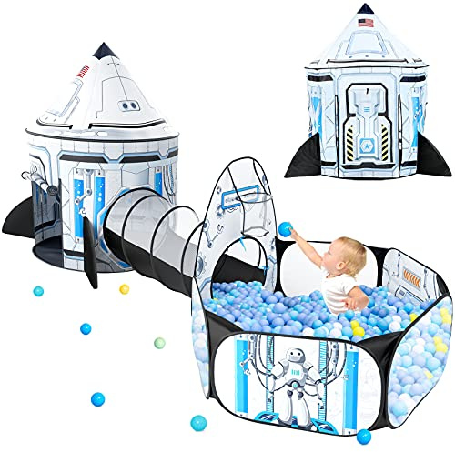 Senodeer Rocket Ship Kids Play Tent: 3Pcs Toddlers Pop Up Ball Pit and Play Tunnel for Indoor Outdoor, Spaceship Baby Playhouse Toys for 1-3 Year Old Boys Girls (3 in 1 Kids Tent)