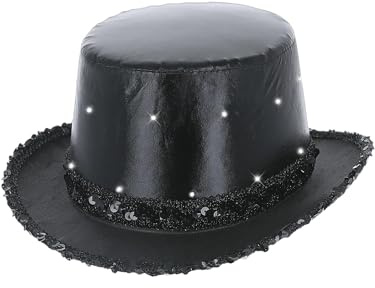 Smiffys LED Light Up Metallic Top Hat, Black with Elastic Inner Rim, Party & Carnival Fancy Dress, Adult Dress Up Hats
