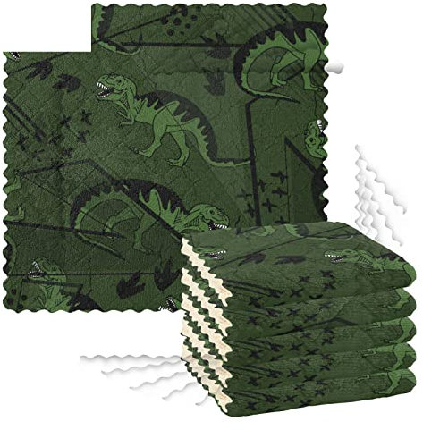 Küchen-Geschirrtücher, 6 Stück, Reinigungstücher zum Trocknen von Geschirr, Schrubben, Waschlappen für Spüle, Kochen, Backtisch, 27,9 x 27,9 cm, Camouflage-Dino-Grün
