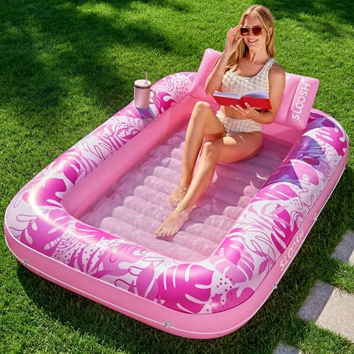 SLOOSH Inflatable Tanning Pool Lounger Float, 70 x 46 Pool Floats Adult with Pillow, 4 in 1 Suntan Tub Raft Floatie,Sunbathing Bed Lounge for Water Blow Up Kids Ball Pit Party Gifts, L-Hot Pink