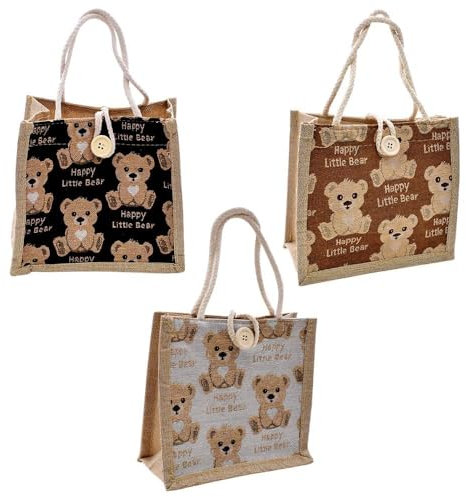 IhLux Jute-Tragetaschen-Set, 3 pcs Design Bär, 20 x 22 x 13 cm, Braun, Unisex-Erwachsene, Frauen, Tasche, TOTE_BAG