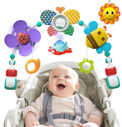 Kinderwagen Spielzeug mit Musik, Spielbogen Kinderwagen Babyschale Kinderbett Babyspielzeug, Mobile Kinderwagenkette mit Rasselspielzeug, Hängend Sensory Babyspielzeug Geschenk für Neugeborene (bee)