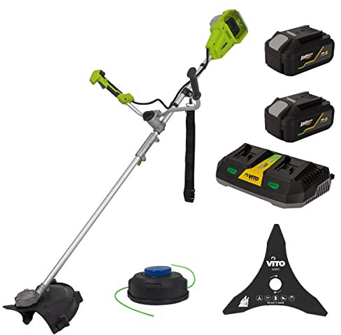VITO – Desbrozadora inalámbrica 40 V + 2 baterías de litio 4 Ah Corte Ø 250 – 350 mm, hoja e hilo de nailon + cargador doble rápido