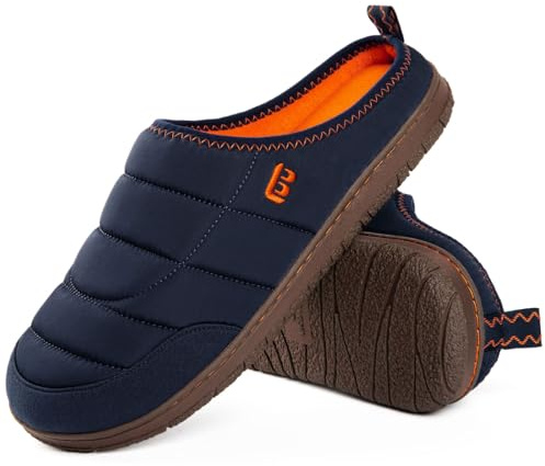 LongBay Men's Two-Tone Slippers Memory Foam Warm Fleece House Shoes Camping Slip On Indoor Outdoor Navy Blue,12
