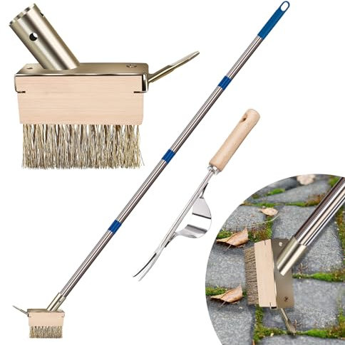 IDUNSEED 2 Stück Drahtbesen mit Stiel, Fugendüse mit 2 Köpfen und Schabhaken, EIN Handabziehwerkzeug, Moosentferner mit Stahlgriff zur Reinigung von Pflastersteinen, Pflastersteinen, Gehwegen