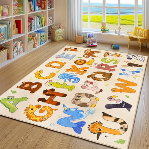 GthreeD Kids Carpet Playmat Rug Alphabet Animals - Nursery Area Rug 120x160 cm Large Soft Crawling Play Mat for Children Toddlers Bedroom Playing and Learning,Soft & Non-Slip.