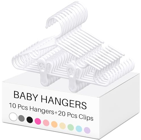 Hsei 5/10/40 Pack Baby Hangers with 10/20/80 Clips, Plastic Kids Pants Hangers for Nursery Closet Top and Bottom Clothes Hanger Set for Newborn Infant Toddler(30 Packs Total,White,10.6 Inch)