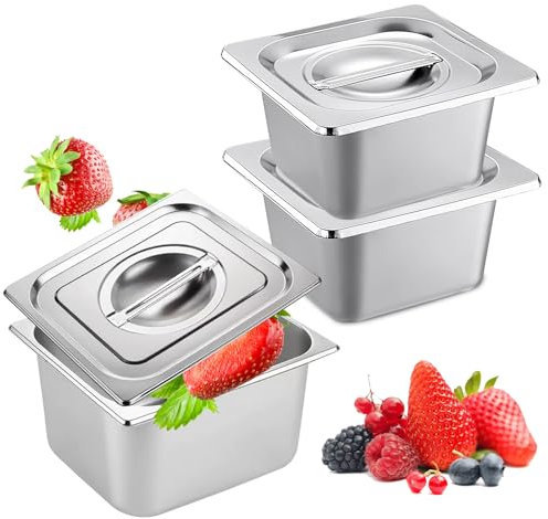 Porfoyo - Bandeja (acero inoxidable, 3 bandejas de acero inoxidable, con tapas (17,5 x 16,6 x 10 cm), bandeja Gastronorme GN 1/6 para restauración, cocina, aparador, recipientes para alimentos