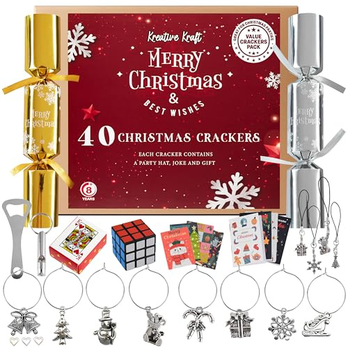 KreativeKraft Weihnachts Knallbonbons 40 Stück, Christmas Crackers Mit Hütchen Witzen Mini Geschenken, Party Zubehör, Festliche Weihnachtsdeko Für Erwachsene (Gold Silber)