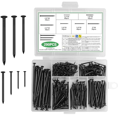 290 PzChiodi per Quadri Muro, Chiodi Cartongesso Legno, Chiodi in Acciaio a Testa Piatta per Muratura Mattoni Ferramenta Cemento Pareti Appendere Quadri Artigianato(7 misure)
