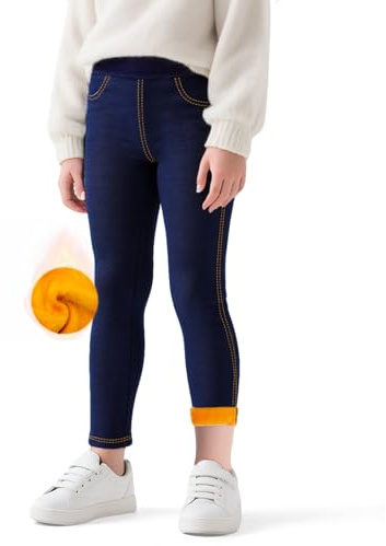 Baogaier Leggings Polaire Filles, Thermique Molleton Doublés Jeans Denim Legging, Couleur Unie Élastique Chaud Pantalons Longs avec Poche Hiver Vêtements Enfants pour 4-5 Ans, Bleu