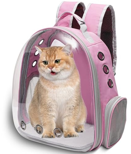 Vivicreate Large Cat Backpack Carrier for Travel and Hiking Transparent Pet Bubble Backpack for Cats up to 20lbs with Ventilation and Padded Straps Mochila para Gatos transportadora mascotas (Pink)