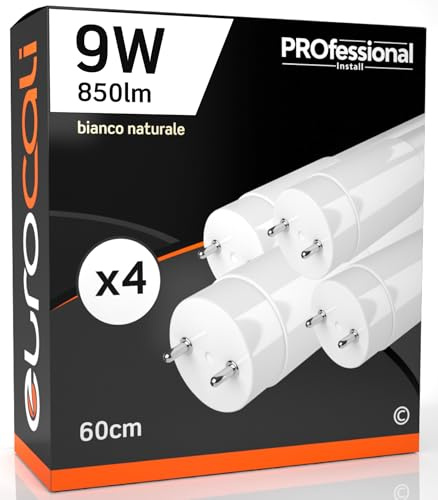 Eurocali Tubo LED 60cm G13 T8 9W 850 Lumen - Bianco Naturale 4000K per Sostituzione Neon - 160° Fascio Luminoso - 4 Tubi LED