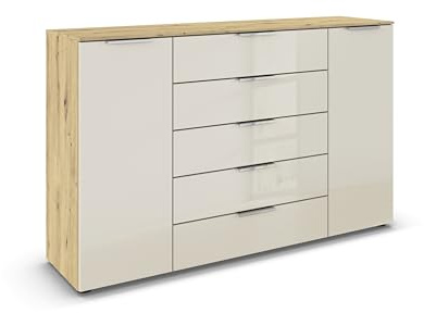 Rauch Möbel Flipp, Kommode für Schlafzimmer, Kinderzimmer, Wohnzimmer, Jugendzimmer, Flur, Garderobe, 2-türig, 5 Schubladen, mit Softclose-Funktion, Farbe Eiche Artisan, Holz/Glas Beige, Breite 160 cm