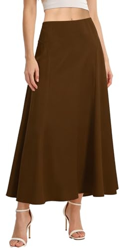 HOTIAN Gonna da donna in raso, lunga, elegante, a vita alta, linea ad A, tinta unita, gonna midi estiva, per lavoro, feste, marrone, XS