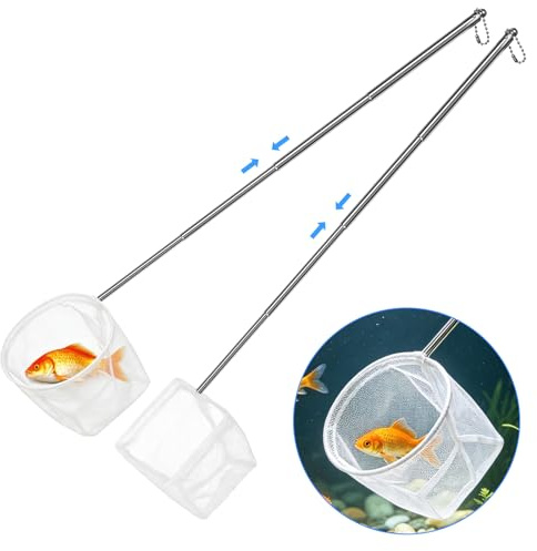 Flintronic 2 Piezas Red para Acuario, 10cm Cuadrada y 8cm Redonda Reds Acuario Malla Fina, Reds Acuar-io Pequeña con Mango Telescópico de Acero Inoxidable(13-39 cm), para Acuar-io, Estanque, Blanco