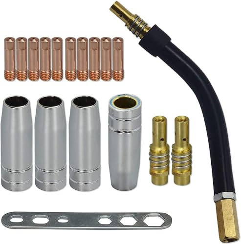 RIVERWELD MIG MAG Kontaktspitzen 1,0 mm M6 140.0253 Spitzenträger Diffusor 002.0078 Kegelige Gasdüse 12,0 mm 145.0075 Schweißbrennerhals 002.0009 Kit für MB15 15AK Schweißbrenner 18 Stück